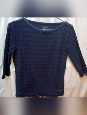 Talbots Navy Openwork Boatneck 3/4 Sleeve Top